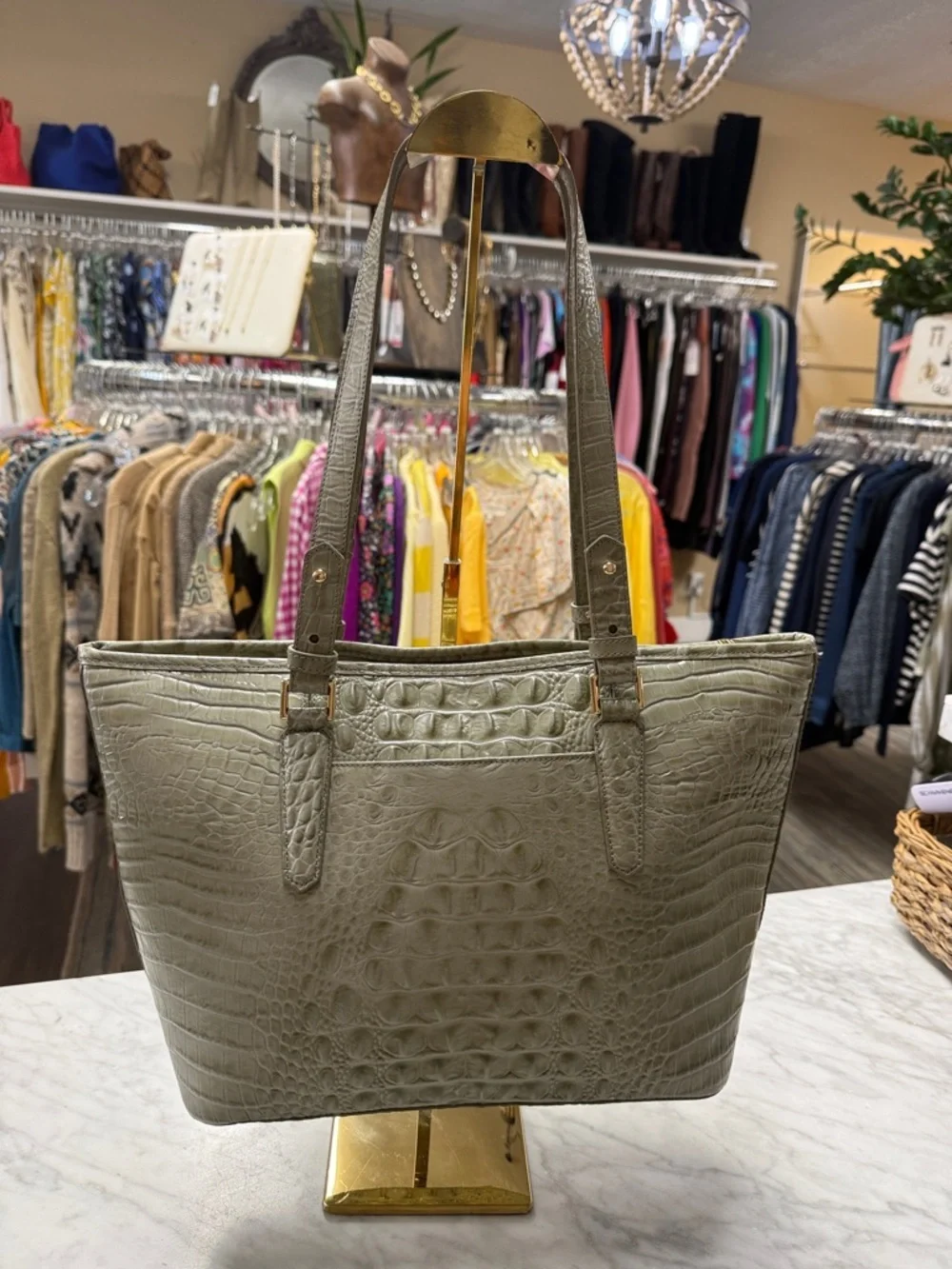 Brahmin Medium Asher Tote Embossed Croc Leather Sage and Tarama Two Tone